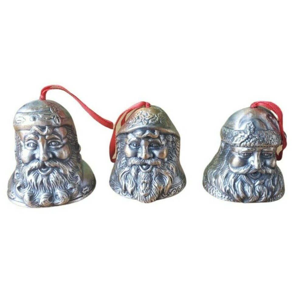 Godinger Silver Cast Metal Art 3D Santa Claus Head Bell Set Of 3 Vintage Bells